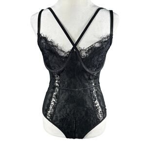 REVAMPED Black Lace V Neck Bodysuit Lingerie Sexy Club Wear Sz Med Nightwear